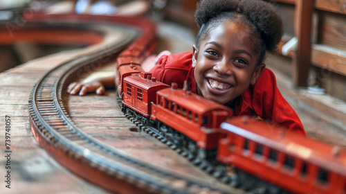 A child plays with a toy railway.