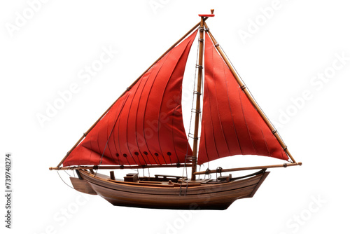 Red Sail Boat Floating on Top of a Body of Water. A red sail boat peacefully floats on the calm surface of the water. on a White or Clear Surface PNG Transparent Background.