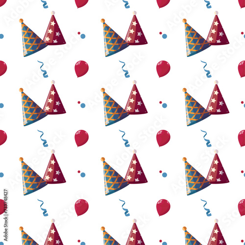 Seamless pattern with gifts and caps in honor of birthday. The design is suitable for wallpaper, paper, products. Vector illustration.