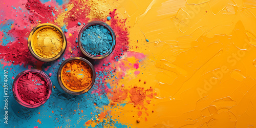 Banner with Holi color powder in bowls with copy space. . Holi color festival concept. Shallow depth of field.