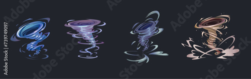 Tornado cartoon collection - various whirlwind and hurricane twister on dark background. Vector illustration set of storm funnel wind with whirl cloud, dust and water. Natural catastrophe and disaster