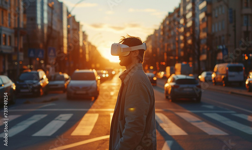 A person wearing a virtual reality headset is walking on a city street, surrounded by buildings, cars, and automotive lighting. The sky is overhead, and the asphalt is underfoot