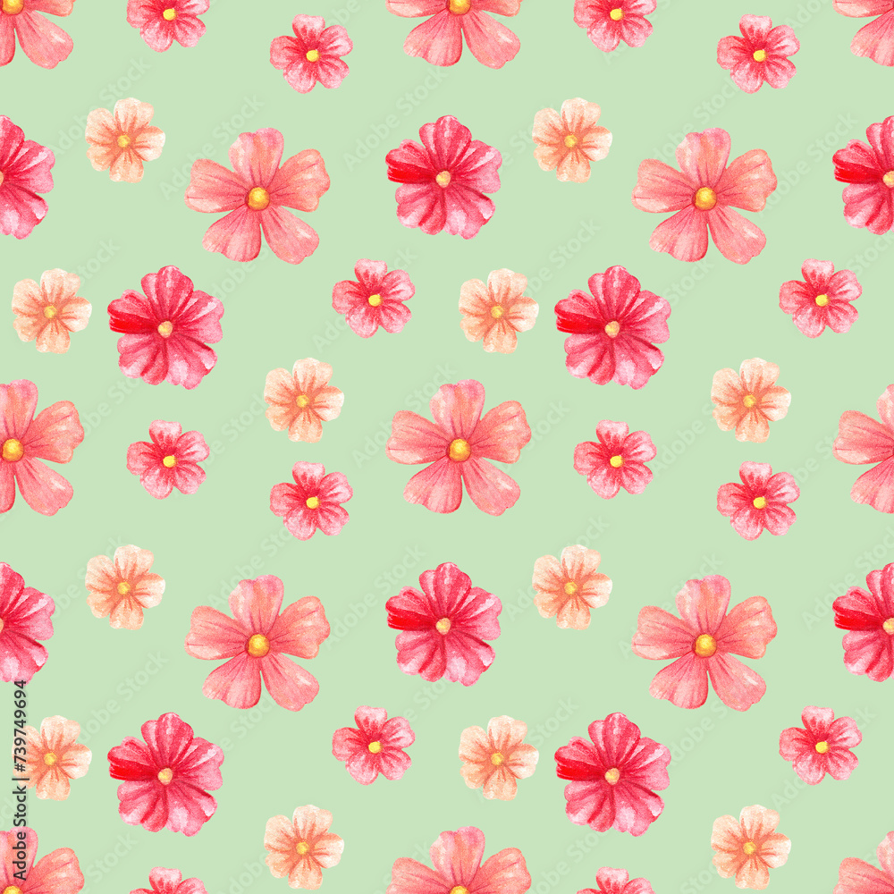 Watercolor floral seamless pattern. Hand drawn red and orange flowers on light green background. Botanical print for scrapbooking, fabric printing, packaging and other design.