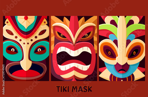 Set of card with Hawaiian traditional tribal tiki mask. Collection of poster with Polynesian masks or totems collection. African traditional wooden colourful mask. Vector illustration EPS8