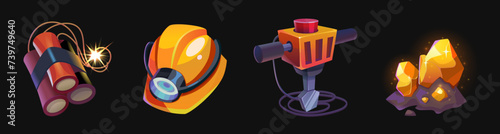 Game ui icons of gold mine tools. Cartoon vector illustration set of treasure hunt assets - glowing nuggets of gold in stone, drill machine and helmet with lantern, dynamite with lighted wick.