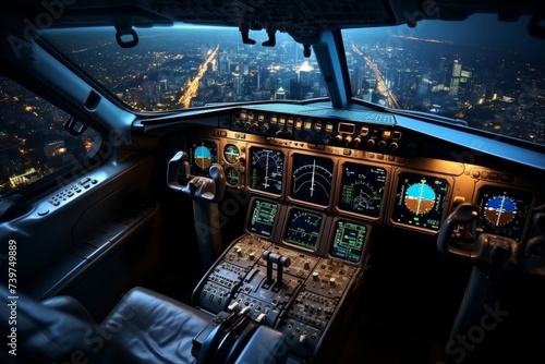 the cockpit of a passenger plane in flight against the background of clouds