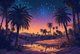 peaceful desert oasis scene with palms at night, under a starlit sky.