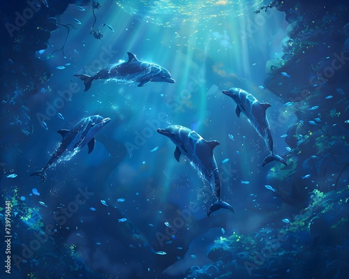 Delfine im Meer unter Wasser / Delfin Poster / Tier und Natur Wallpaper / Gruppe Delfine im Ozean / 5:4 Format / Ai-Ki generiert