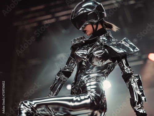 A young woman poses on the podium in silver clothes. Futuristic fashion and beauty.