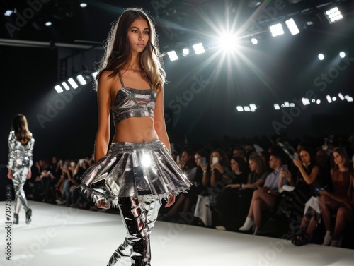 A young woman poses on the podium in silver clothes. Futuristic fashion and beauty.