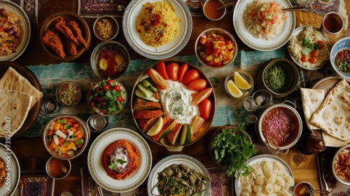 table spread with traditional Middle Eastern food for breaking the fast.