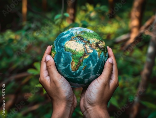 Human hands hold a globe, model of planet earth. Caring for the environment, combating global warming and CO2 emissions.