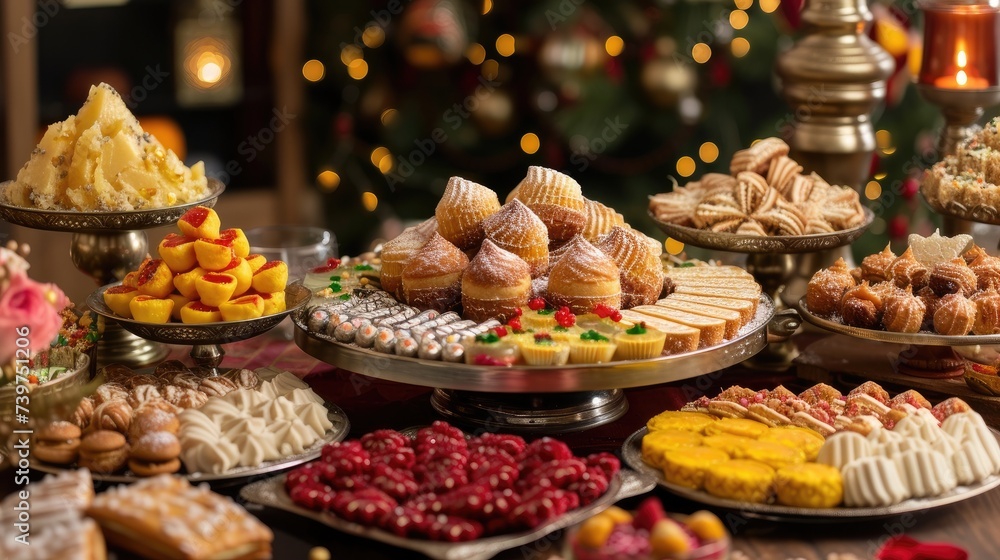 array of sweet treats for Eid against a festive backdrop array of sweet treats for Eid against a festive backdrop