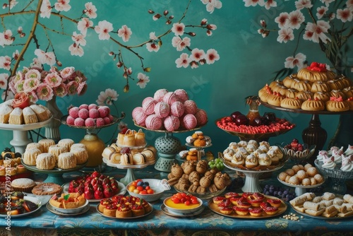 array of sweet treats for Eid against a festive backdrop