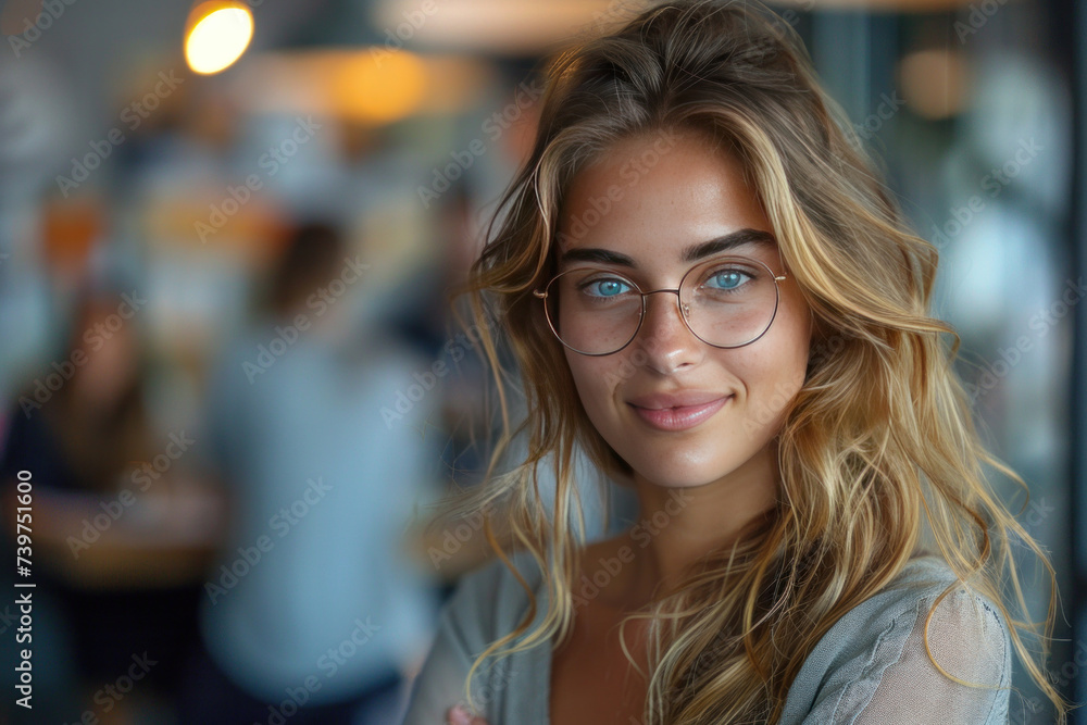 A beautiful young grinning professional woman in office with eyeglasses, folded arms and confident expression as other workers hold a meeting in background. A beautiful young grinning professional woman in office with eyeglasses, folded arms and confident expression as other workers hold a meeting in background.