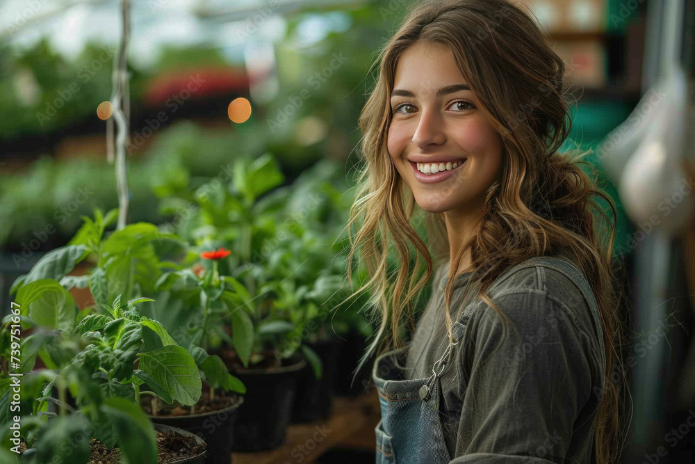 A happy female nursery owner with pot of flowers inside greenhouse. A happy female nursery owner with pot of flowers inside greenhouse.