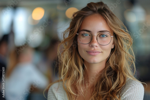 A beautiful young grinning professional woman in office with eyeglasses, folded arms and confident expression as other workers hold a meeting in background.