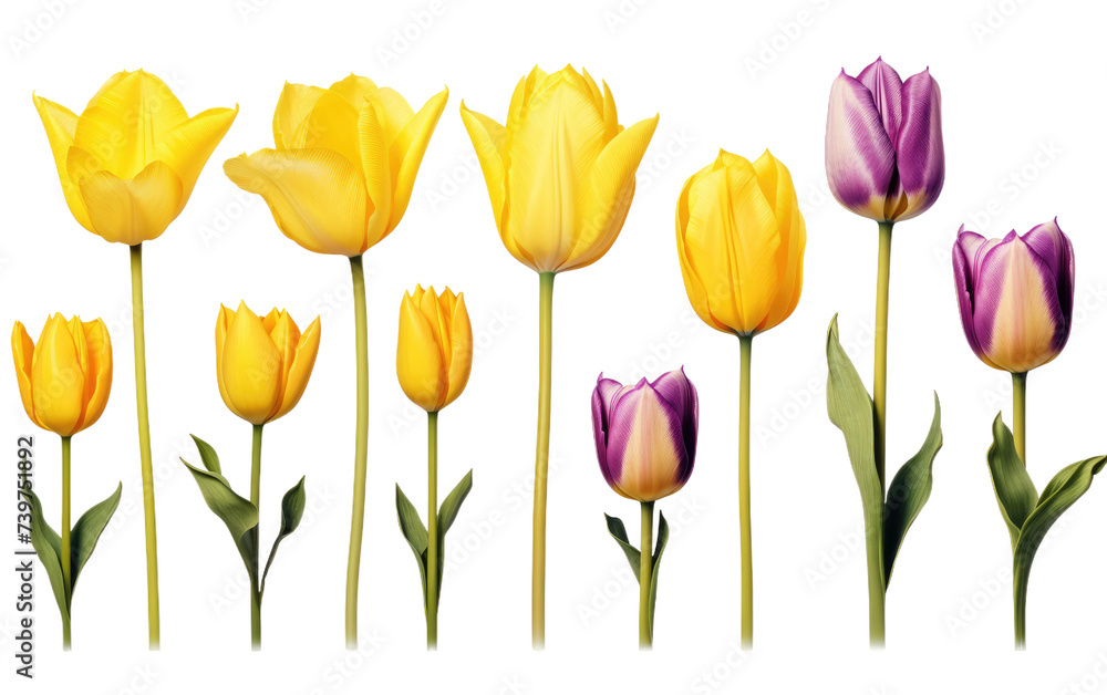 Group of Yellow and Purple Flowers. A cluster of yellow and purple flowers arranged in a vibrant display. on a White or Clear Surface PNG Transparent Background.