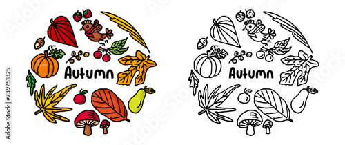 Autumn theme doodles. Colorful , black and white drawing vector illustration.