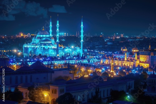 nighttime cityscape overlooking a large mosque brightly lit and decorated for Eid al-Fitr