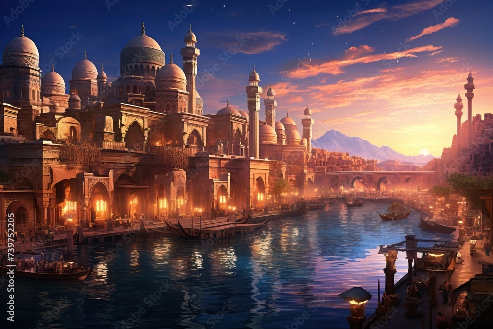 Fototapeta premium old Arabic city illuminated by the sunset