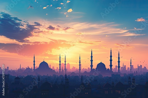 panoramic image of an Arabic city skyline at sunset with minarets in silhouette.