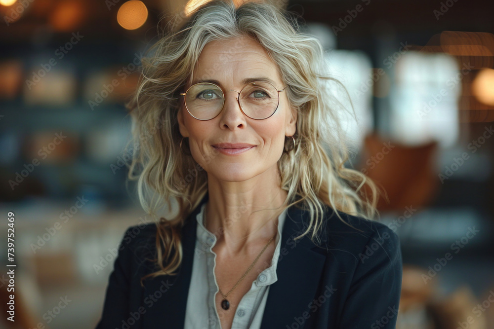 A happy middle aged business woman ceo wearing suit standing in office. A happy middle aged business woman ceo wearing suit standing in office.