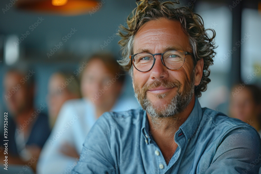 A happy professional man in office with eyeglasses, folded arms and confident expression as other workers hold a meeting in background. A happy professional man in office with eyeglasses, folded arms and confident expression as other workers hold a meeting in background.