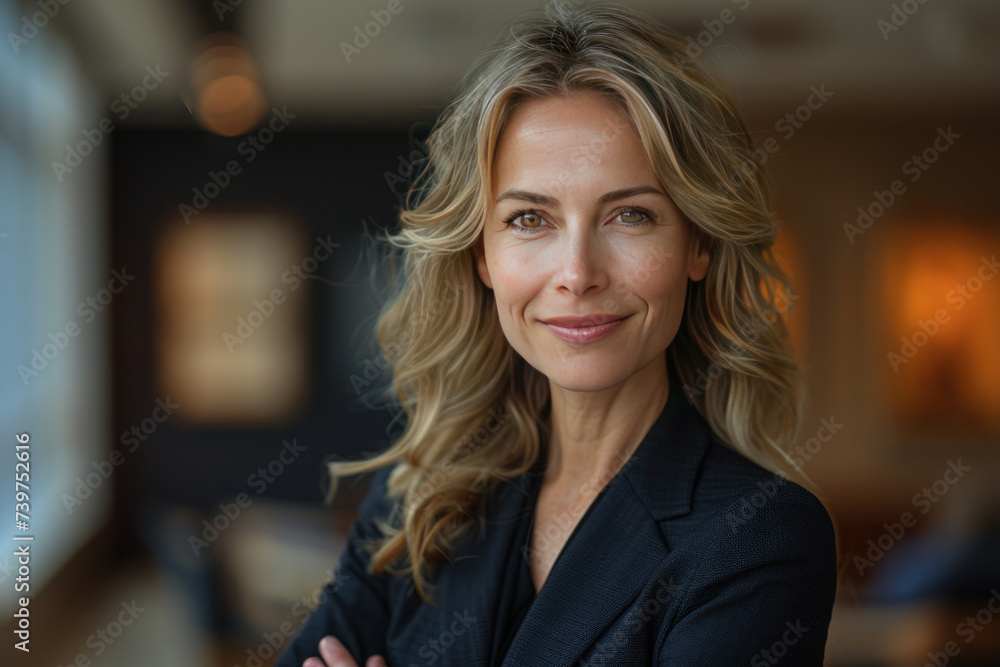 A happy middle aged business woman ceo wearing suit standing in office. A happy middle aged business woman ceo wearing suit standing in office.