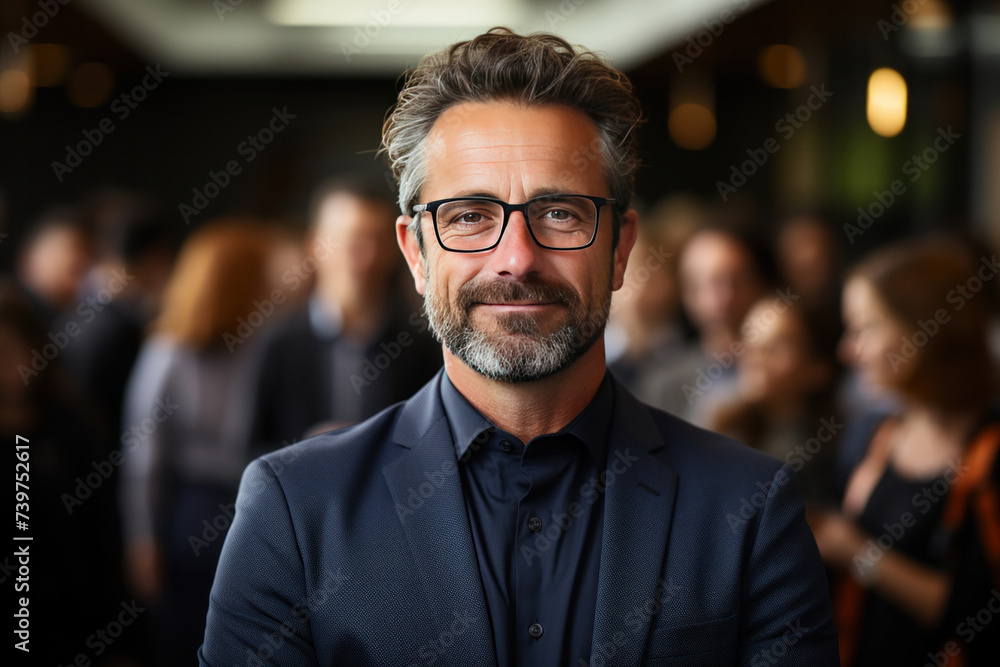 A happy professional man in office with eyeglasses, folded arms and confident expression as other workers hold a meeting in background. A happy professional man in office with eyeglasses, folded arms and confident expression as other workers hold a meeting in background.