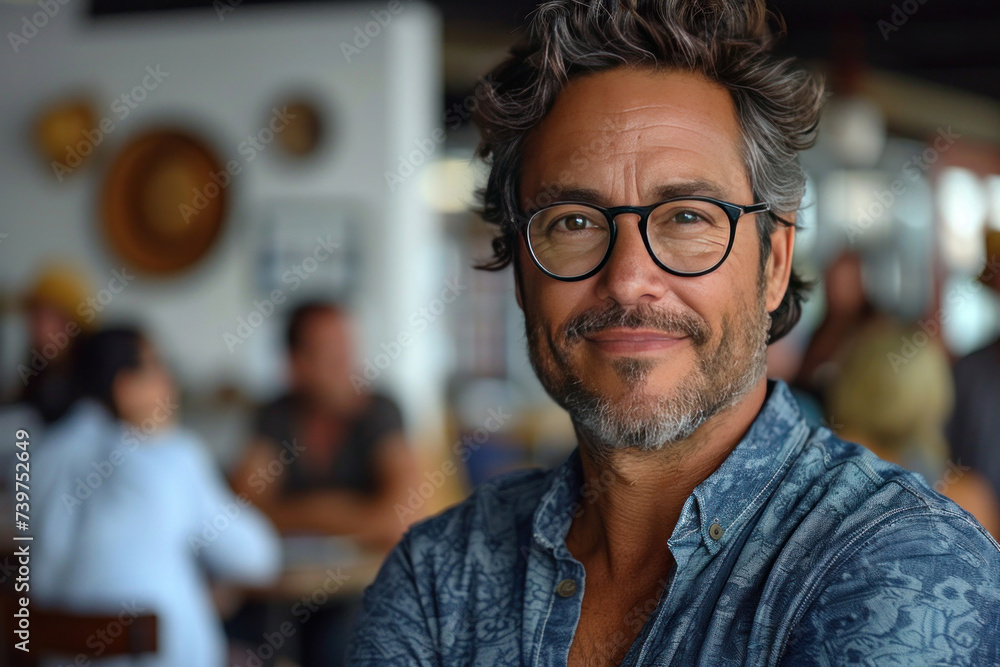 A happy professional man in office with eyeglasses, folded arms and confident expression as other workers hold a meeting in background. A happy professional man in office with eyeglasses, folded arms and confident expression as other workers hold a meeting in background.