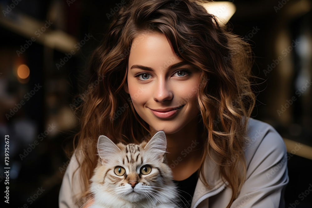 A happy veterinarian with a friendly smile holds cat in a well-equipped vet office. A happy veterinarian with a friendly smile holds cat in a well-equipped vet office.