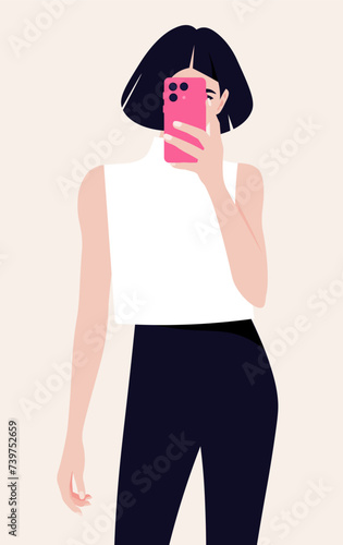 Portrait of fashion woman holding smart phone in hand shooting selfie on front camera. A blogger is photographed for a social media. Vector flat illustration
