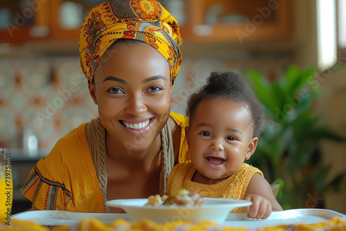 A joyful mother lovingly feeds her smiling baby sitting in a high chair, enjoying a heartwarming moment together in the kitchen. photo