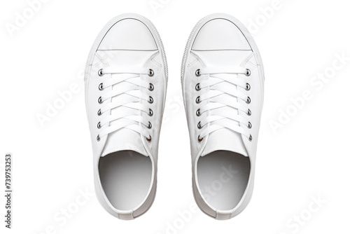 A pair of white sneakers placed. on a White or Clear Surface PNG Transparent Background.