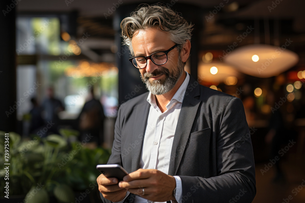 A smiling mature businessman professional executive manager looking away thinking working on tech device. A smiling mature businessman professional executive manager looking away thinking working on tech device.