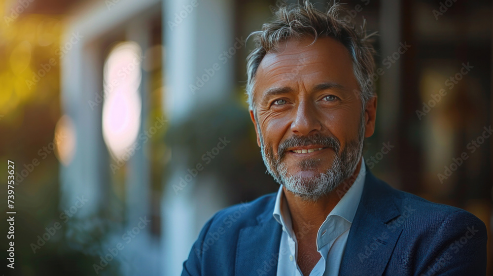 A smiling mature businessman professional executive manager looking away thinking working on tech device. A smiling mature businessman professional executive manager looking away thinking working on tech device.