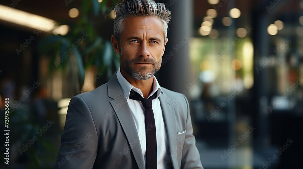 Fototapeta premium A smiling mature businessman professional executive manager looking away thinking working on tech device.