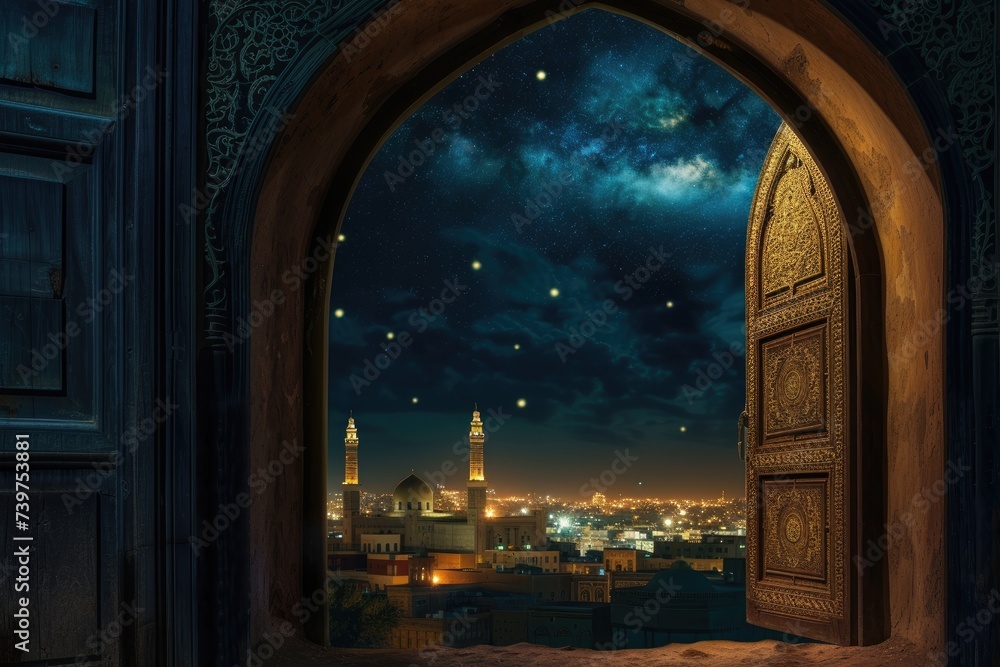 antique door opening to an Arabian city under Ramadan's night sky