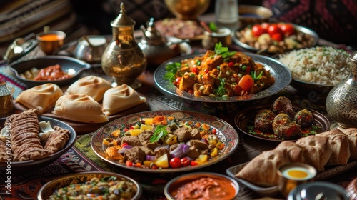 Iftar feast backdrop featuring traditional Arabic cuisine