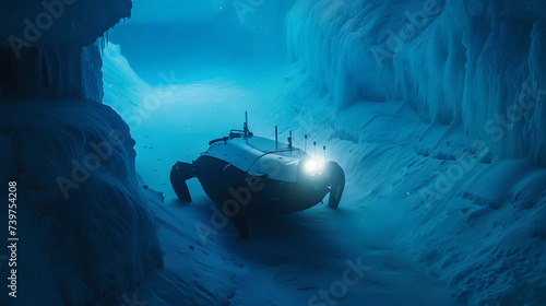 Autonomous underwater robot exploring underwater Arctic ice.