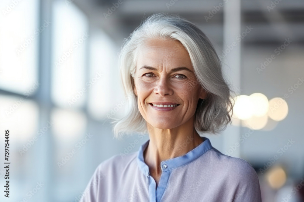 A smiling mature businesswoman professional executive manager looking away thinking working on tech device. A smiling mature businesswoman professional executive manager looking away thinking working on tech device.
