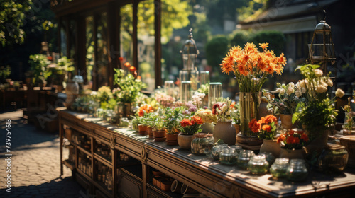 Flower shop adorned with an abundance of colorful flowers on display  inviting passersby into the cozy botanical haven.