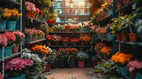 Flower shop adorned with an abundance of colorful flowers on display, inviting passersby into the cozy botanical haven. © tong2530