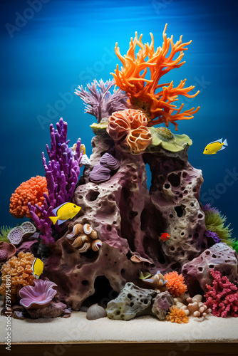 Stunning Depiction of Underwater Ecosystem - Brightly Colored Fish in Decorated Marine Aquarium