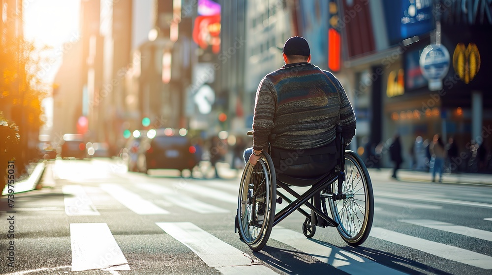 Man in wheelchair rides down the city street
