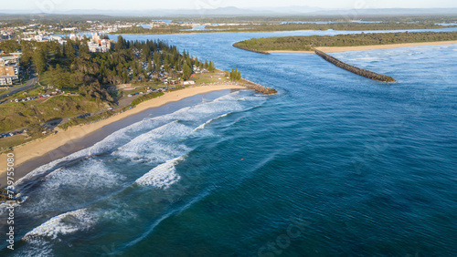 Aerial view of Town Beach and Hasting River entry at Port Macquarie - NSW Australia - Port Macquarie is a popular tourist destination.