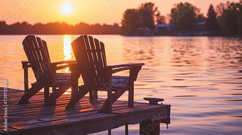 Two wooden chair overlooking lake at sky sunset background