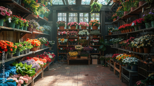 Flower shop interior brimming with a diverse array of colorful flowers and lush green plants.