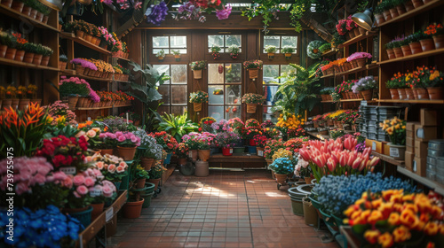 Flower shop interior brimming with a diverse array of colorful flowers and lush green plants.